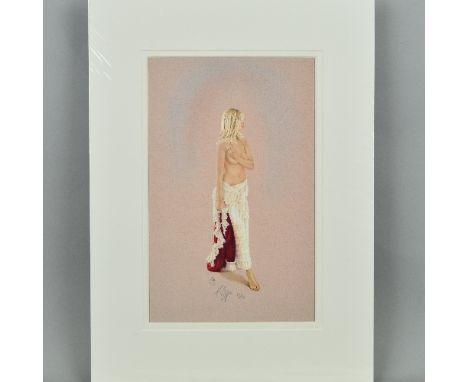 KAY BOYCE (BRITISH CONTEMPORARY) 'SCARLET', a limited edition print 73/95 of a scantily clad lady holding a scarlet shawl, si