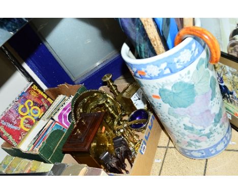 TWO BOXES AND LOOSE SUNDRY ITEMS, to include clocks (Canterbury mantel clock), records, stick stand containing walking sticks