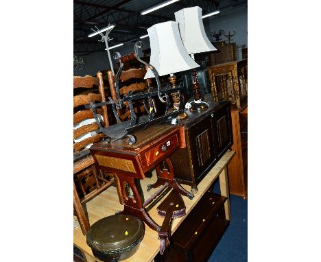 A SMALL MODERN SOFA TABLE, two lamps, a metal log basket, bellows and a copper warming pan (6)