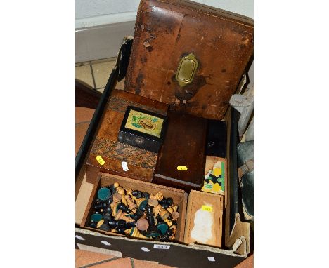 VARIOUS BOXES, CHESS PIECES, DRAUGHT PIECES, etc, to include tea caddy (missing some interior), case for dressing table brush