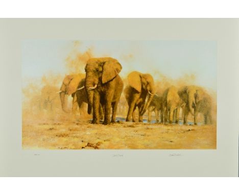 DAVID SHEPHERD (BRITISH 1931-2017), 'Dusty Evening', A Limited Edition print, 144/200, of a herd of Elephants, signed, titled