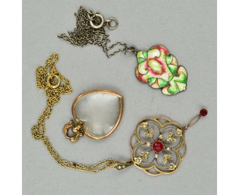 A SILVER AND ENAMEL PENDANT, a 9ct pendant and heart shaped locket (3)