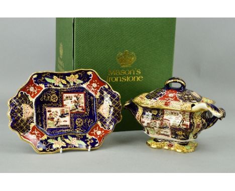 A BOXED MASON'S 'DOUBLE LANDSCAPE' TUREEN, STAND AND LADLE