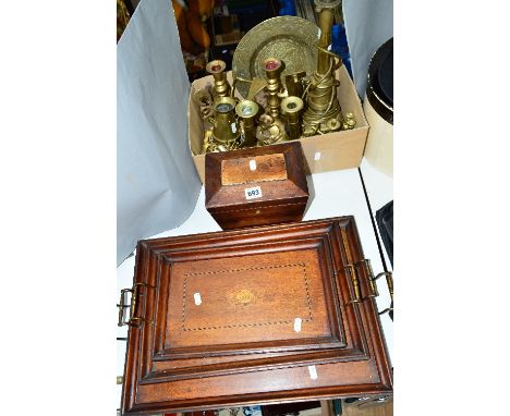 A TEA CADDY (missing one foot), fitted interior with a set of three graduating inlaid trays and a box of brasswares to includ