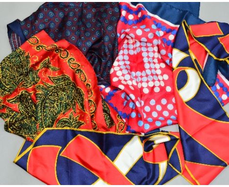 FOUR SCARVES, to include a red, blue and white polka dot silk scarf and a Liberty scarf with red background, etc