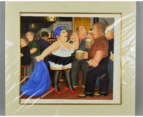 BERYL COOK (BRITISH 1926-2008) 'Strippergram' a limited edition print 239/395 of a woman performing a seductive dance in a pu