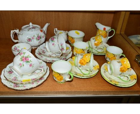 AN AYNSLEY TEA FOR TWO TEASET, 'Grotto Rose' pattern to include teapot, two trios, milk jug and sugar bowl, together with an 