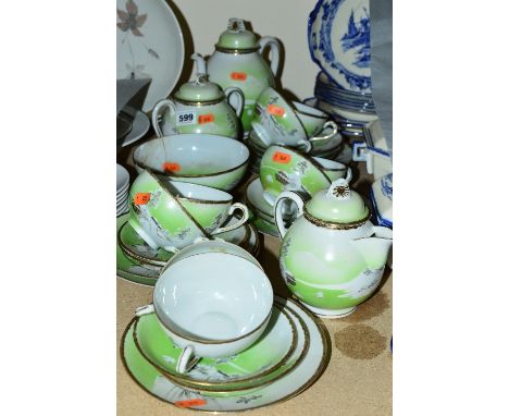 CHINESE EGGSHELL HAND PAINTED AND PRINTED TEA WARES, the eight cups having bamboo styled handles, to include cups, saucers, s