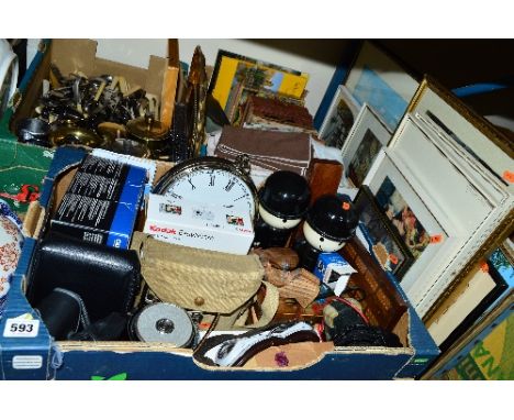 THREE BOXES AND LOOSE ASSORTED ITEMS, to include Kollsman altimeter with an Air Ministry plaque, an Olympus MJU 600 digital c