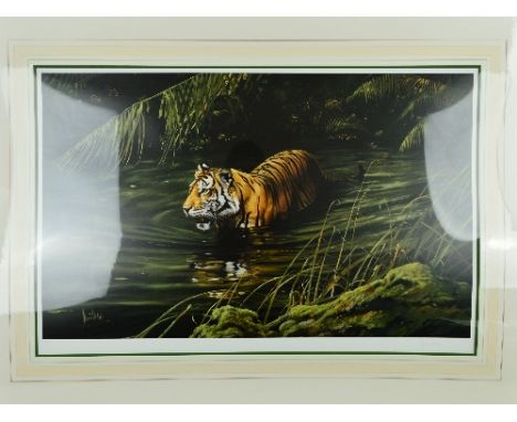 SPENCER HODGE (BRITISH 1943), 'Cooling Off', A Limited Edition print of a Tiger wading through water, 466/850, signed and num