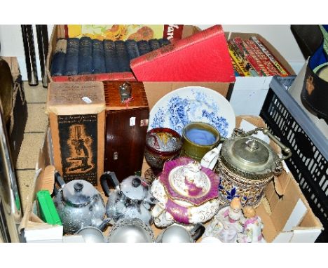THREE BOXES OF SUNDRY ITEMS, to include a boxed Alcotest, a ceramic Villeroy and Boch ice bucket, a Wade beer tankard, a Cont