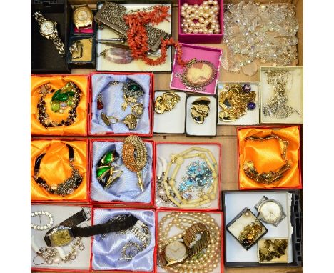 A BOX OF MIXED COSTUME JEWELLERY, to include an oval agate pendant, a branch coral necklace, a small mesh bag, a carved mothe
