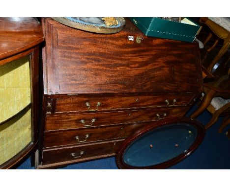 A GEORGIAN MAHOGANY FALL FRONT BUREAU, with a fitted interior, four drawers, on bracket feet, approximate size width 104cm x 