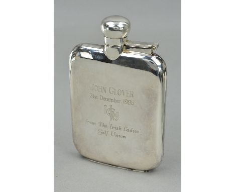 A SILVER HIP FLASK, of rectangular outline with personal engraving and presentation case, hallmark for Sheffield, 1995, lengt