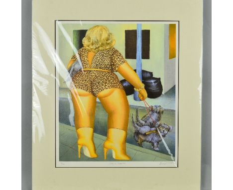 BERYL COOK (BRITISH 1926-2008) 'Lady of Marseilles', a limited edition print of  a lady walking her dogs 169/395, signed, tit
