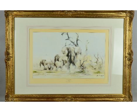 DAVID KELLY (MALAWI 1959), A Limited Edition print 'Protective Custody' 39/850, depicting a Bull Elephant Protecting a herd, 