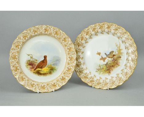 TWO ROYAL WORCESTER VITREOUS CABINET PLATES, Grouse design, brown factory mark and Rd No 164677 and Rd No 140006, approximate