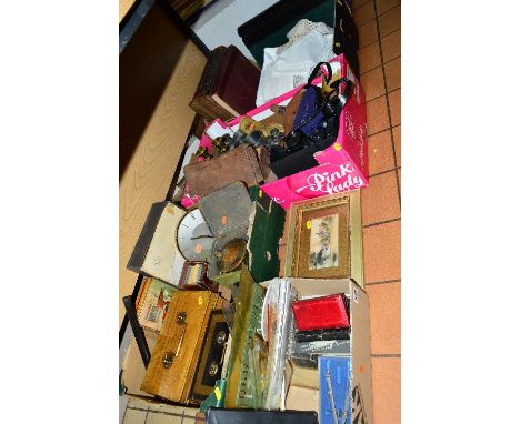 FOUR BOXES AND LOOSE SUNDRY ITEMS, to include draughting instruments, small picture, two pairs of cased binoculars, a cased E