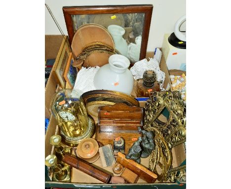 AN ASSORTED COLLECTION OF SUNDRY ITEMS, to include an oak letter rack with glass ink well, treen boxes, gilt ormolu picture f