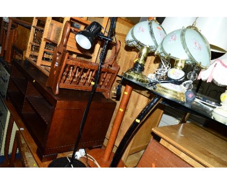 A MODERN TV STAND, a glass TV stand, two standard lamps, a kitchen trolley, two magazine racks, a nest of three tables and a 