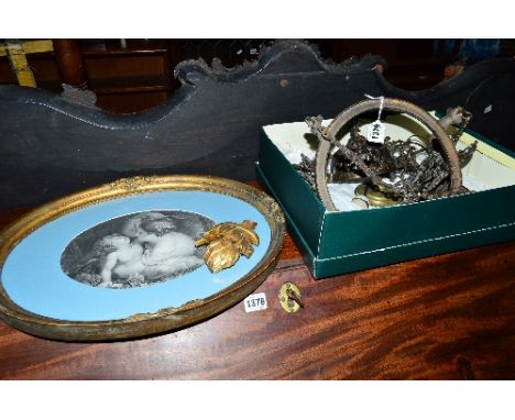 A METAL CONTINENTAL STYLE CEILING LIGHT, with shade and reservoir together with an oval gilt framed picture (2)