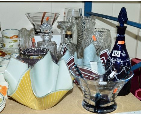 A GROUP OF GLASSWARES, to include blue glass decanter, enamel floral decoration (stopper matched), two Dartington bowls (one 