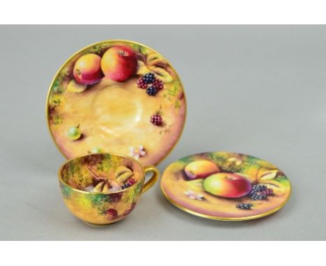 ROYAL WORCESTER MINIATURE CUP, SAUCER AND PLATE, handpainted fallen fruit pattern by T.Nutt, black backstamp (3)
