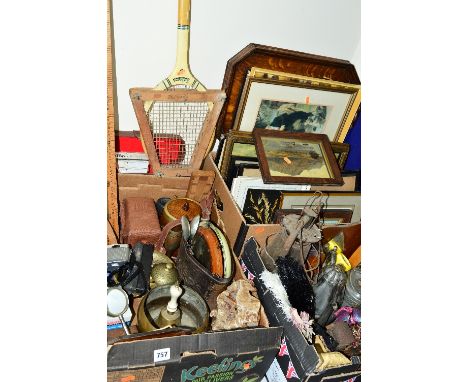 THREE BOXES AND LOOSE SUNDRY ITEMS, to include a vintage  Olympus pen camera, an oak ice bucket, bakelite feather fans, brass