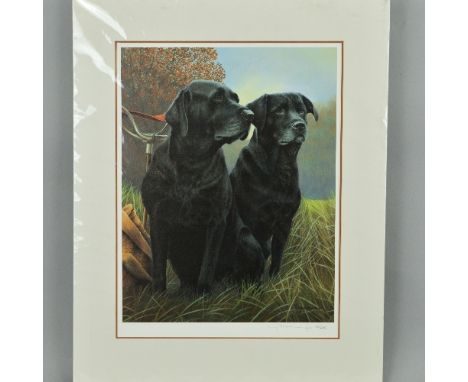NIGEL HEMMING (BRITISH 1957), 'Senior Service', A Limited Edition print, 62/495, of a pair of Black Labradors, signed and num