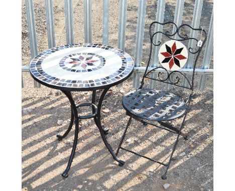 A METAL FOLDING TABLE, and a matching chair with tile inserts (2)