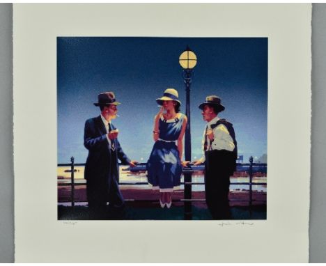 JACK VETTRIANO (BRITISH 1951), 'Game of Life' a limited edition print 204/295 of two men and a woman by a harbour, signed and