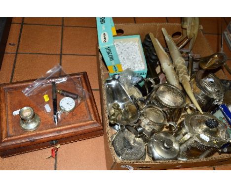 A BOX AND LOOSE METALWARE AND SUNDRIES, to include dwarf silver candlestick, a pocket watch, pen, whistle, three piece plated