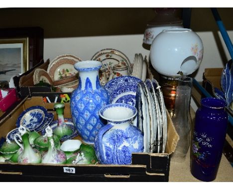 TWO BOXES AND LOOSE CERAMICS AND OIL LAMPS, to include ceramic dressing table set, part dinnerwares, blue and white plates, v