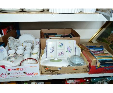 FOUR BOXES AND LOOSE CERAMICS, BOOKS, GLASS, etc, to include Poole Pottery hors d'oeuvre dish, Royal Albert 'Val d'or' teawar