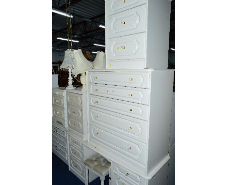 SIX PIECES OF CREAM BEDROOM FURNITURE, a standard lamp and four various table lamps (two pieces at the end of the aisle)