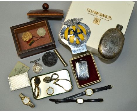 A BOX OF MISCELLANEOUS, including watches, 1914-1918 medal to 26762 Pte J R Huckfield The Queens Rifles, etc