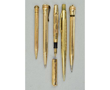 A REXALL STONES 'SIGNET' 1/20TH GOLD FILLED 'DINKIE' FOUNTAIN PEN AND PENCIL SET, two Wahl Eversharp propelling pencils (both