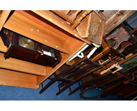 AN OAK NEST OF THREE TABLES, three stools, an oak oval wall mirror, a modern bookshelf and a oak folding firescreen (7)