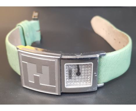 FENDI - ladies Orologi wristwatch 5400L, with sliding cover on green leather strap, with box ....