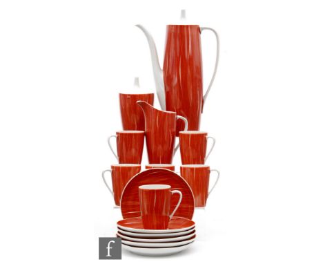 Cmielow - A post war coffee set in red with white dash lines comprising coffee pot, milk jug, sugar bowl and six cups and sau