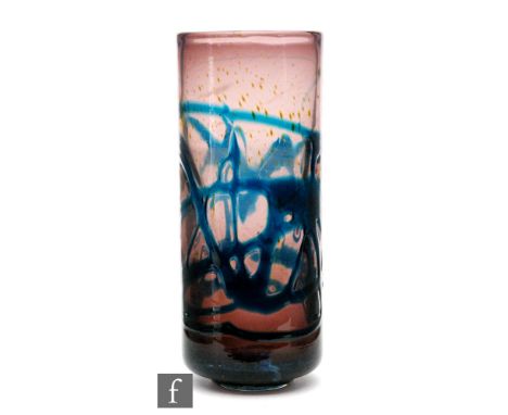 Mdina - A cylindrical glass vase in amethyst with yellow mottled cased in clear, with applied blue strapping to the exterior,