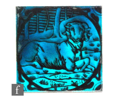 Maw &amp; Co - A 6in dust pressed tile decorated with a seated ram, the whole glazed in turquoise, Benthall Works, Broseley S