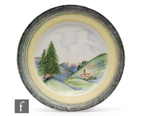 Clarice Cliff - Crayon Scenes - Alpine Village - A circular plate circa 1934, hand decorated with a landscape scene with an A
