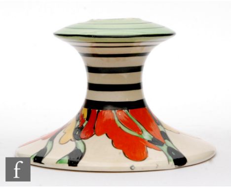 Clarice Cliff - Honolulu - A single shape 310 candlestick circa 1933, hand painted with a stylised tree landscape with red, o