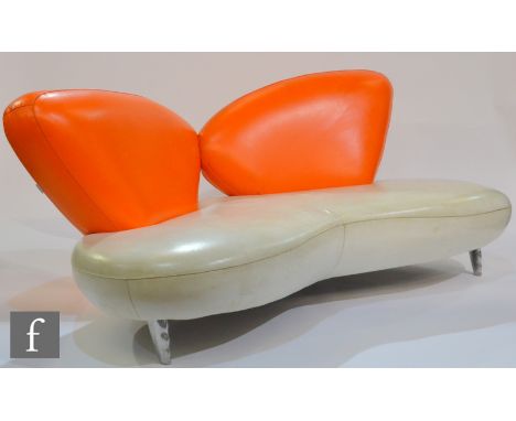 Poltromec - A contemporaryItalian orange and white leather sofa of abstract design, raised to tapered metal front feet, label