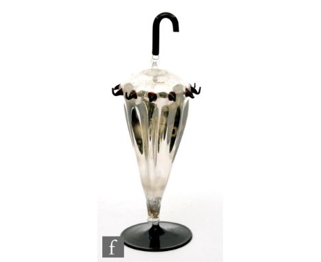 Bimini - A 1930s lampworked glass parasol, in a silvered finish with applied deep amethyst decoration and handle, on a lampwo