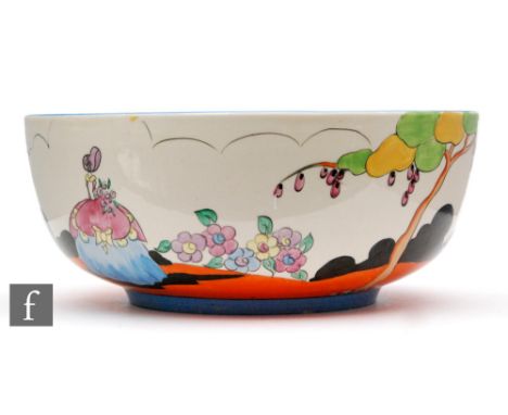 Clarice Cliff - Applique Idyll/Crinoline Lady - A large Holborn fruit bowl circa 1930, hand painted to the exterior and insid