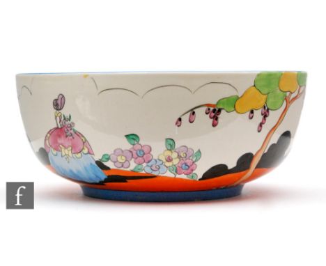 Clarice Cliff - Applique Idyll/Crinoline Lady - A large Holborn fruit bowl circa 1930, hand painted to the exterior and insid