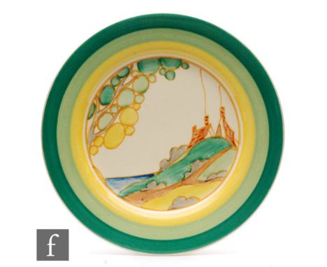 Clarice Cliff - Secrets - A circular sideplate circa 1933, hand painted with a stylised tree and cottage coastal landscape wi