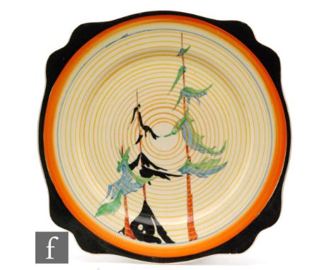Clarice Cliff - Pine Grove - A large Leda shape plate circa 1935 hand painted with stylised pin trees beneath fine radial lin